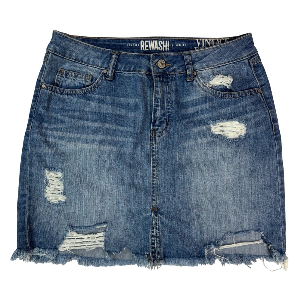 Rewash Brand Distressed Denim Mini Skirt Raw Hem Women Size‎ 7 28 Medium Wash
